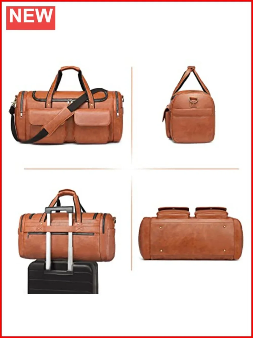 Large PU Leather Travel Duffel Bag with Shoe Compartment, Waterproof Weekender